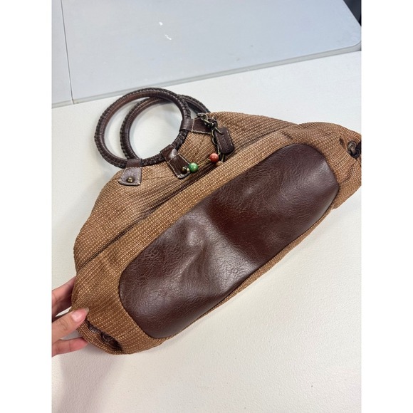 Fossil Brown Woven Circle Handle Satchel Bag Charm‎ Floral Interior - Picture 11 of 12
